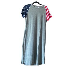 Sign Here Stars & Stripes T Shirt Dress Patriotic Flag Print Gray Medium NWOT